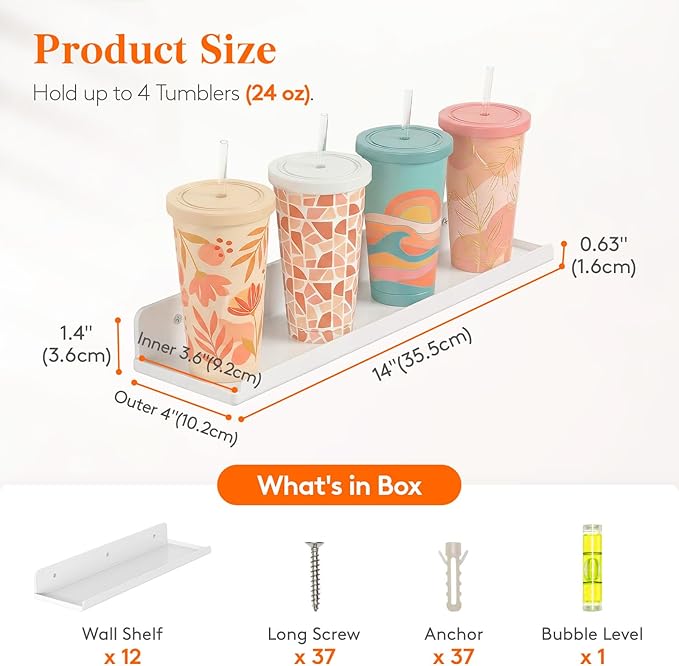 Lifewit Floating Shelves for Wall, Acrylic Display Shelf Wall Mounted for Figure, Car, Art, Book, 14" Perfume Organizer for Bathroom, Bedroom, Living Room, Nursery, Home Decor, White, 12 Pack
