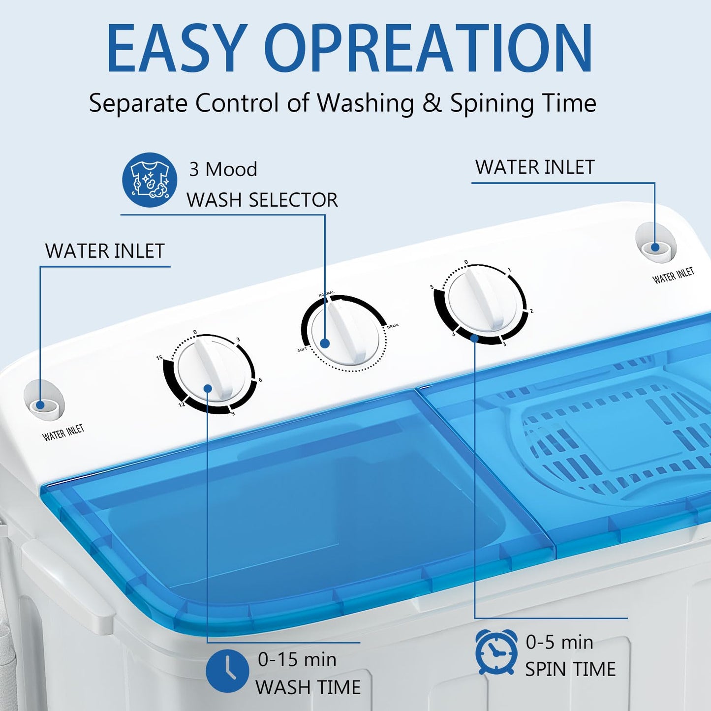 DOGHLY Portable Washing Machine, 18lbs Compact Laundry Washer, Free Drying Rack & 10 Hangers, 11lbs Wash & 7lbs Spin Dry, Twin Tub Mini Washing Machine for Dorm, RV, Camping, Apartment