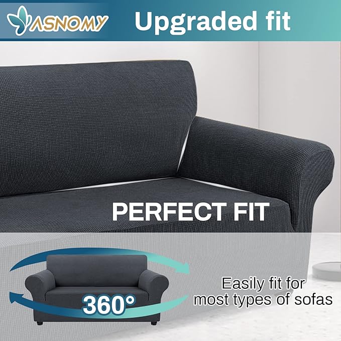 Asnomy Sofa Covers for 2 Cushion Couch Stretch loveseat Covers Slipcovers, Pet Protector Furniture Covers for Dogs Cats Spandex Jacquard Fabric Small Checks （Medium，Charcoal Ash）