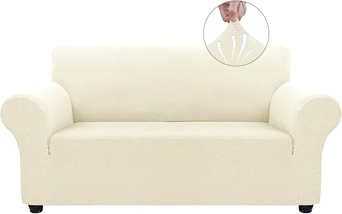 Asnomy Sofa Covers for 2 Cushion Couch Stretch loveseat Covers Slipcovers, Pet Protector Furniture Covers for Dogs Cats Spandex Jacquard Fabric Small Checks （Medium，Off-White）