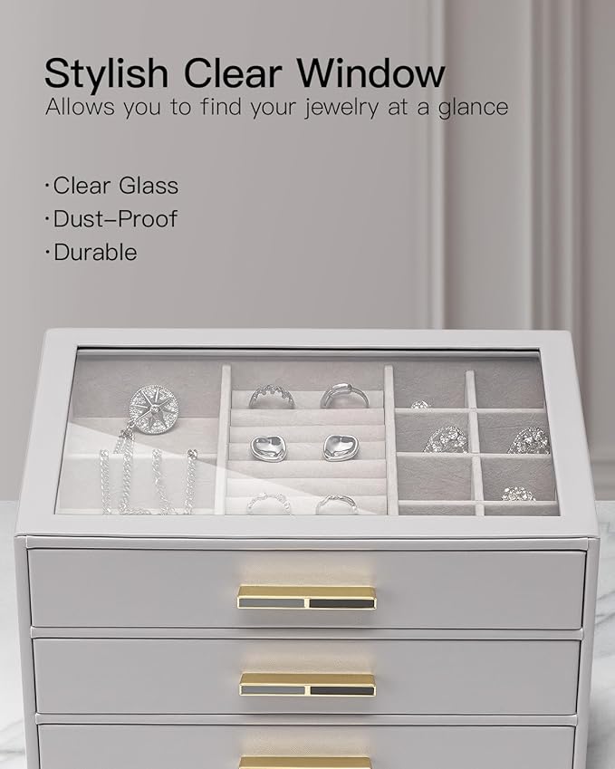 Vlando Jewelry Box for Women, Glass Lid Jewelry Organizer with 3 Drawers for Necklaces Rings Earrings Bracelets - Grey