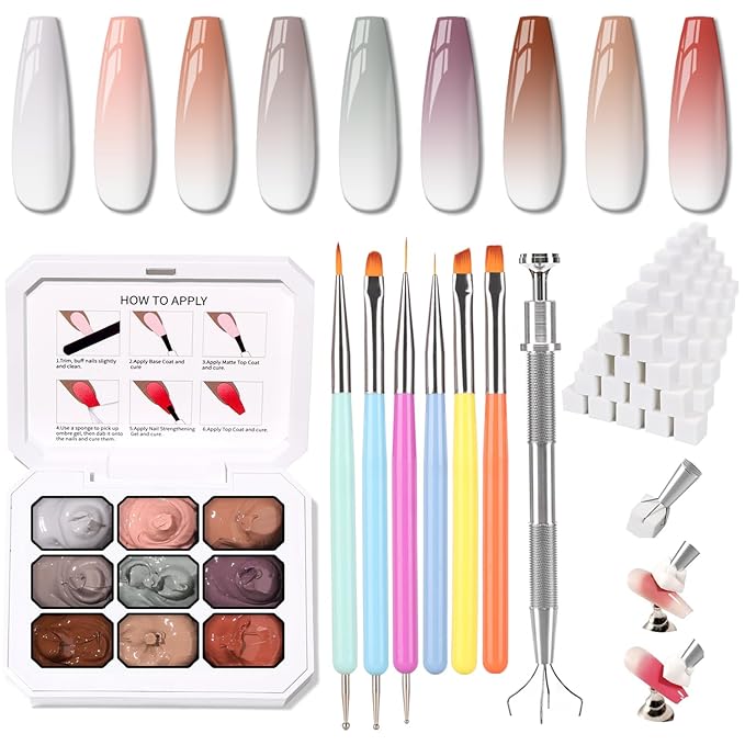 Christmas Gel Polish, 9 Colors Ombre Patting Gel Nail Polish Palette 100 Sponges 6 Brushes 1Grabber, Blending Color Gradient Painting Nails Art, No Wipe, UV/LED Cured (Set 07)