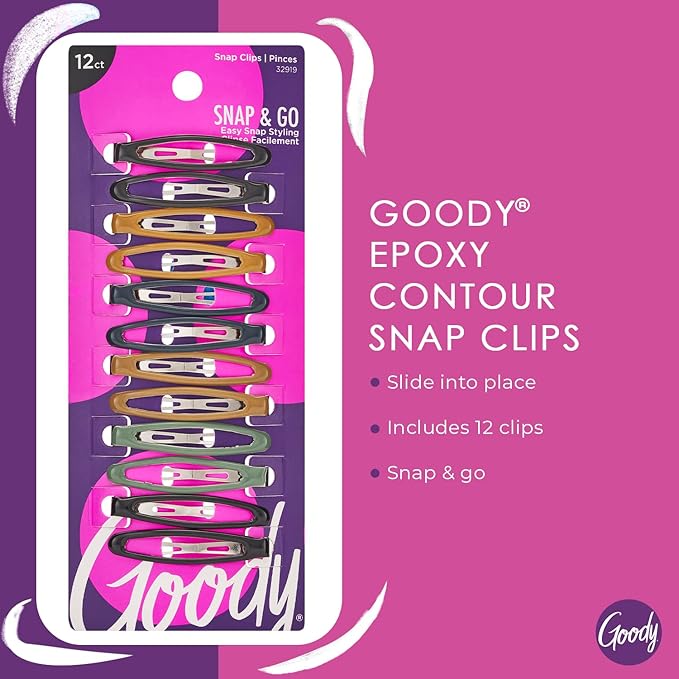 Goody Snap & Go Epoxy Contour Clips, 12 Count, Assorted Colors, Snap Clips, Suitable for All Hair Types, Pain-Free Hair Accessories for Women, Men, Boys and Girls, All Day Comfort