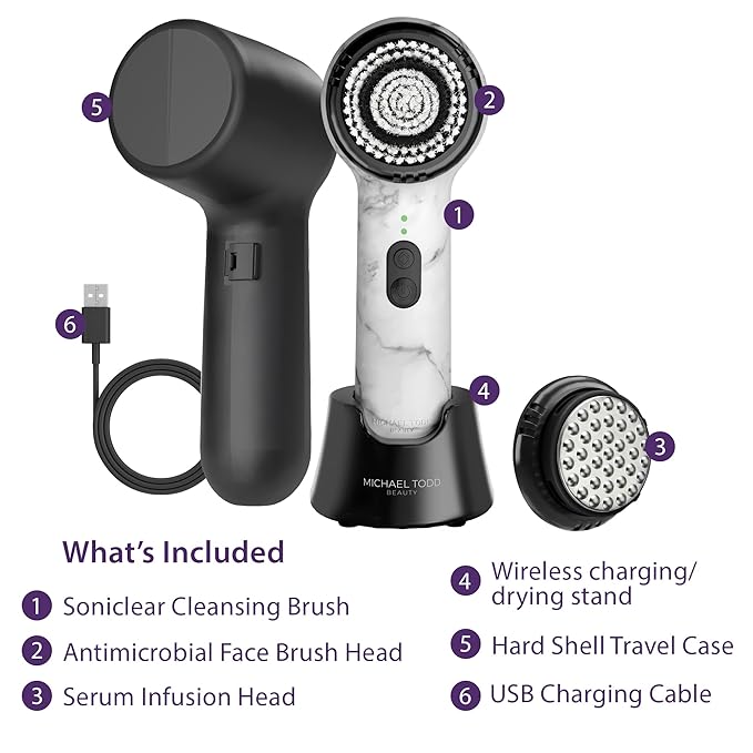 Michael Todd Beauty Soniclear Allure 2024 Best of Beauty Winner Facial Cleansing + Exfoliation Brush System with Antimicrobial Protected Bristles, 4 speeds, Serum Infusion Head + Travel Case