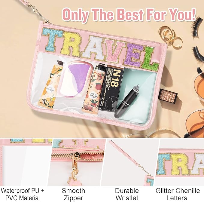 Chenille Letter Clear Travel Bags Purse with Wristlet, Monogram PVC & PU Clear Zipper Pouch, Waterproof Portable Glitter Snacks Makeup Beach Toiletry Bag for Women Girls (TRAVEL-Pink)