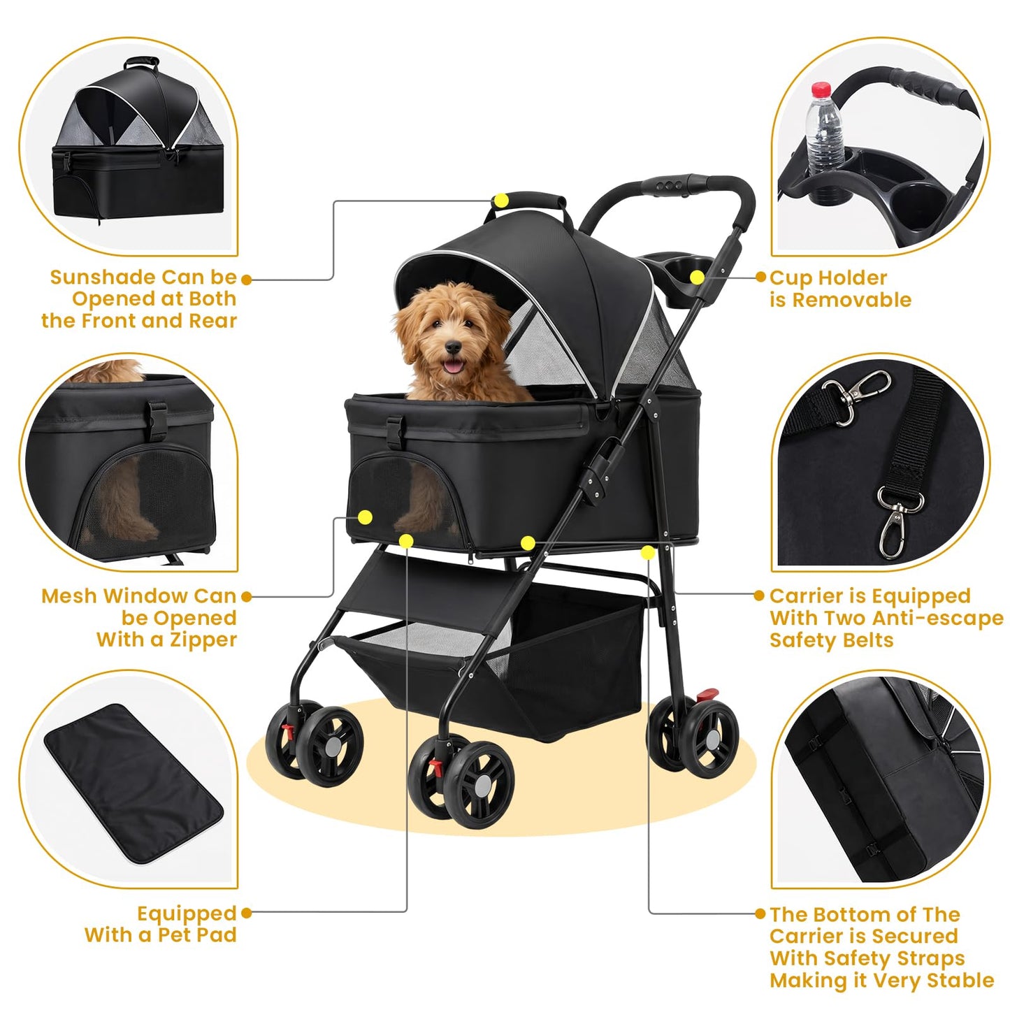 3-in-1 Dog Strollers for Small/Medium Dogs Cats,4 Wheels Pet Stroller,Detachable Carrier Basket,Breathable Mesh,Storage Basket,Cup Holder,Weather Cover,Black