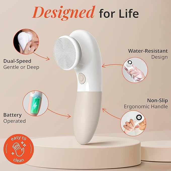 Vanity Planet Raedia Facial Cleansing Brush - Electric Facial Cleansing Brush with 4 Exfoliating Brush Heads - Waterproof, Handheld, Lightweight for Face Scrubber and Exfoliating Face - Warm Grey