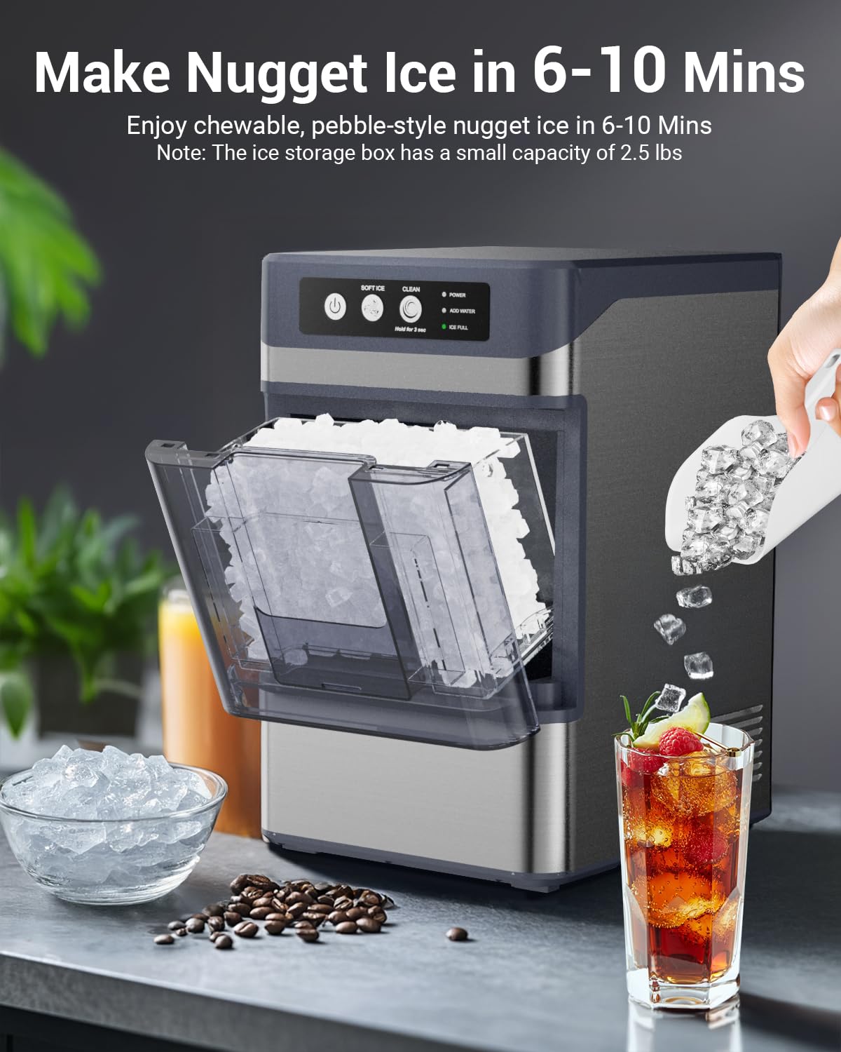 44 lbs/Day Nugget Ice Maker Countertop, Pebble Ice Machine with 0.8 Gal Water Tank 6-10 Mins Fast Ice Making for Home, Camping, Kitchen, RV (Silver)