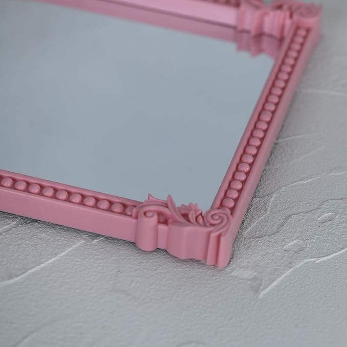 Pink Plastic Arched Makeup Mirror, Standing, Hanging or Wall Mount, Bathroom, Living Room, Bedroom White and Decorative Mirror (Pink-10.6 x 8.6 inch)