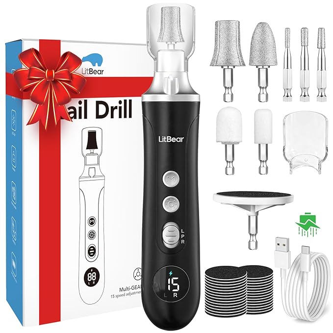 Litbear Electric Nail Drill File for Hand Feet Care, 15 Speed Professional Nail Grinder for Thick Toenails, Cordless Pedicure Manicure Set for Women Men Senior, Home Salon Use (Black)
