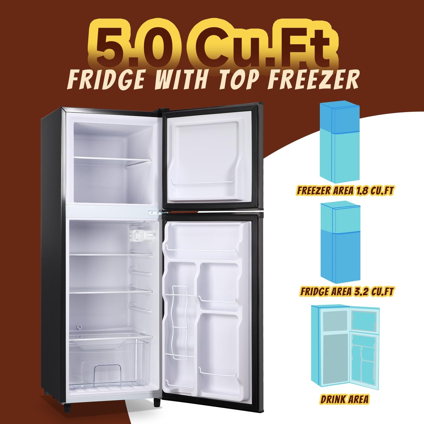 TACOOL 5.0 Cu.Ft Small Refrigerator with Freezer Double Door Mini Fridge Top Freezer Adjustable Temperature for Dorm Office Apartment Silver