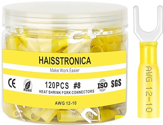 haisstronica 120PCS Heat Shrink Fork Spade Connectors #8 Waterproof Marine Grade Fork Terminal Connectors U-Type Yellow 12-10 Gauge