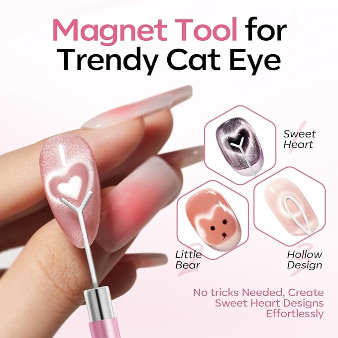 modelones Cat Eye Gel Polish Nail Magnet, 3-in-1 Cat Eye Magnet Pen & Heart-Shaped for Nail Art Tool Cylindrical & Ball &Hole &Lightning Magnet, Multi-Effect Magnets for Cateye Gel Polish DIY Salon