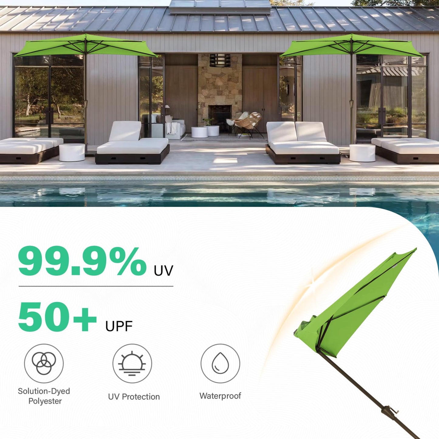 JEAREY 9ft Half Umbrella Outdoor Patio Umbrella Market Umbrellas with Crank, 1/2 Round Wall Umbrella 5 Sturdy Ribs UV Protection for Pool Garden Balcony Deck, Grass Green