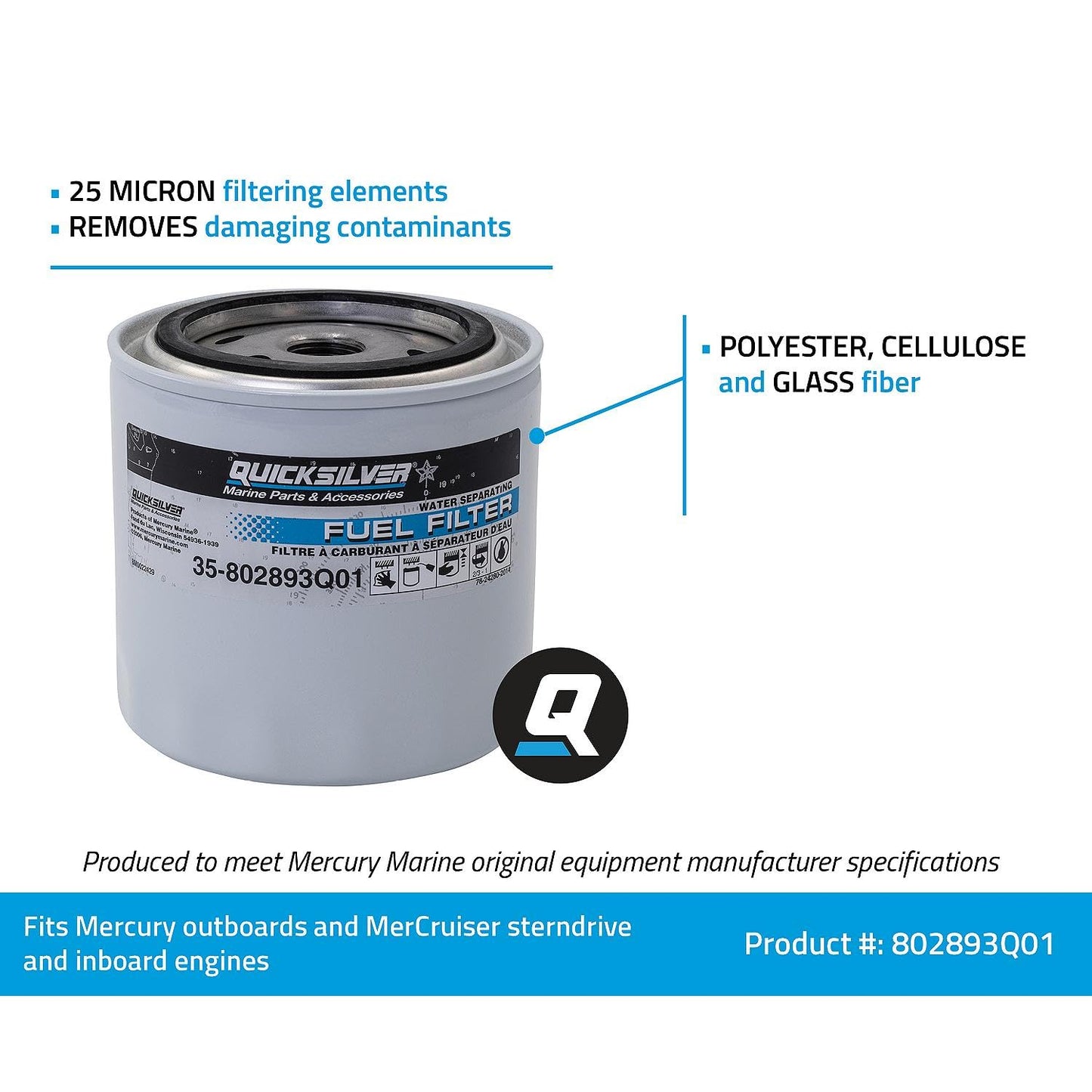 Quicksilver 802893Q01 Water Separating Fuel Filter for Mercury and Mariner Outboards, MerCruiser Sterndrive and Inboard Engines