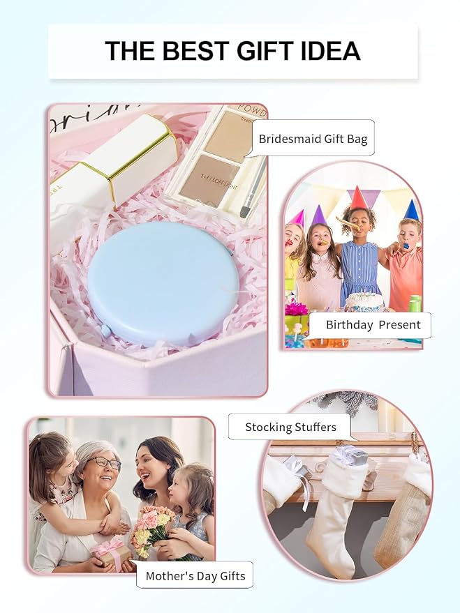 Compact Mirror for Purse, Double-Sided 1X/2X Magnifying Metal Pocket Makeup Mirrors(Round, Light Blue)