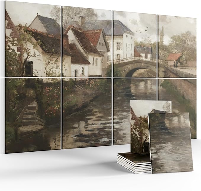 Wall Art Acoustic Panels,35''X24''Sound Absorbing Panels-8-Pack with 50 Adhesive Tabs, Decorative Sound Absorbing Panels for Living Room and Recording Studio, Offices-Small Town Near La Panne