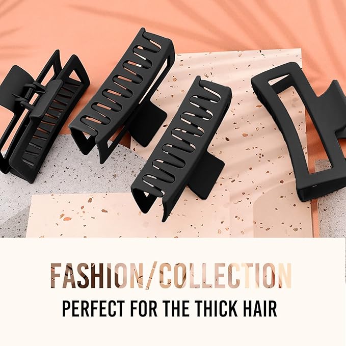 5 Inche Black Extra Large Claw Clips for Thick Hair and Long Hair, 4 Pack Xl Jumbo Claw clips, Oversized Matte Non-slip Rectangle Hair Clips for Women, Big Strong Hold Jaw Clip