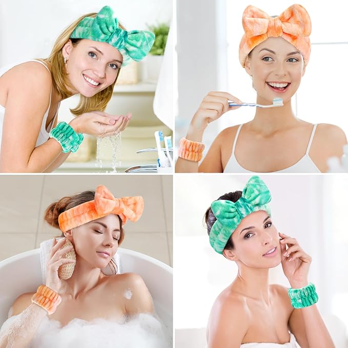 6PCS Spa Headband and Wristband Set for Face Washing, Soft Microfiber Skincare Hairband with Bow, Soft Absorbent Wrist Towels for Women Girls, For Makeup, Facial, Shower, Yoga