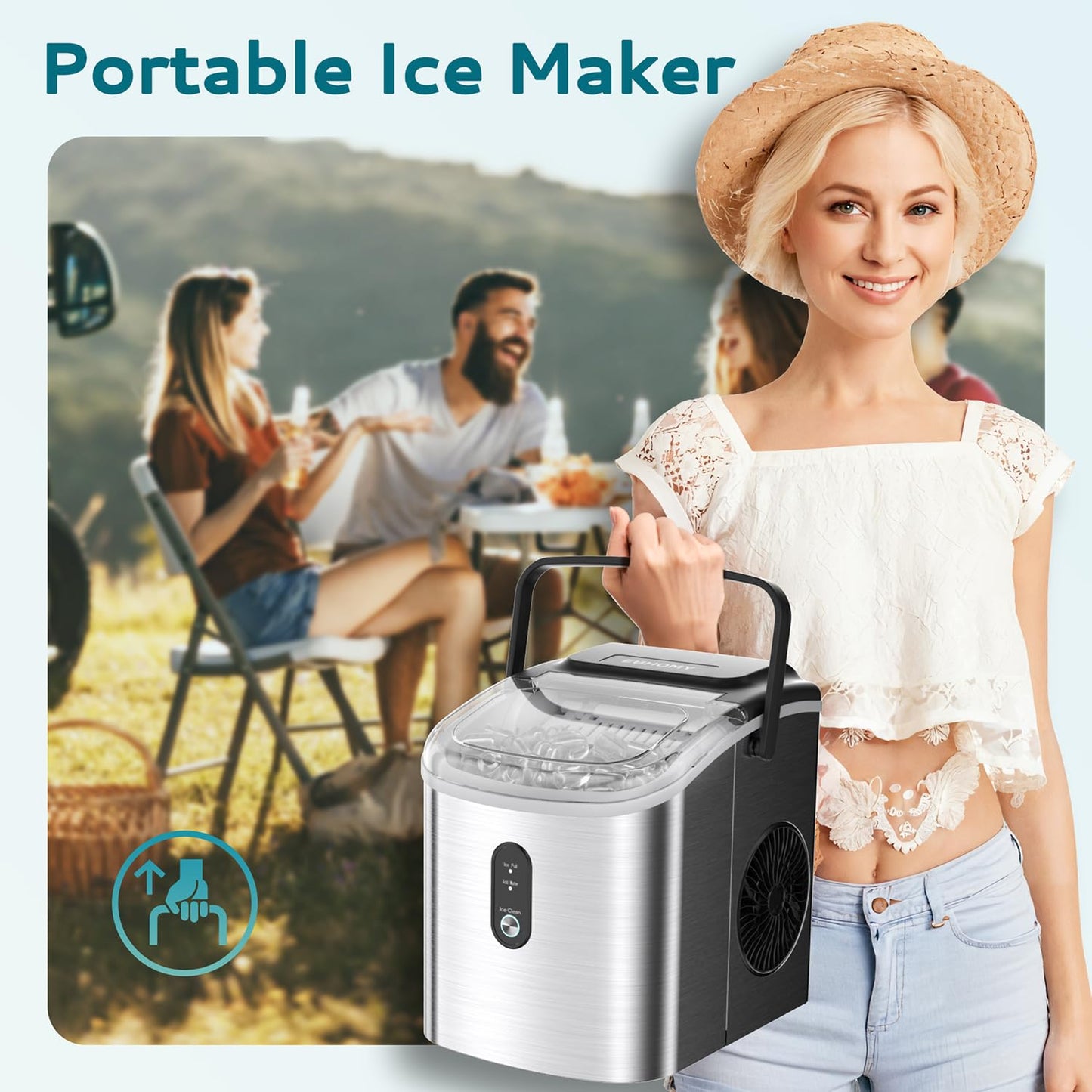EUHOMY Ice Maker Countertop, Portable Ice Machine with Carry Handle, 26.5lbs Per Day, 9 Cubes in 6 Mins, Auto-Cleaning, with Basket and Scoop, for Home, Kitchen, Camping, RV