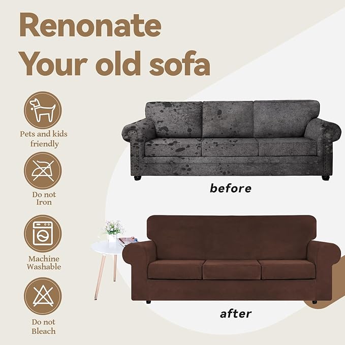 WEERRW 4 Pieces Velvet High Stretch Couch Covers for 3 Cushion Couch Sofa Slipcovers, Washable Furniture Protector with Non Slip Elastic Bottom, Feature Soft and Thick Plush Fabric, Chocolate, Large