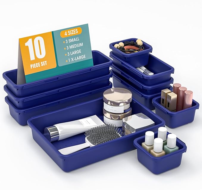 10 PCS Drawer Organizer Set, 4 Size Makeup Drawer Divider Organizer With Non-Slip Pads, Interlocking Plastic Storage Bins for Office,Jewelry Vanity,Gadgets, Bathroom,Kitchen, Navy