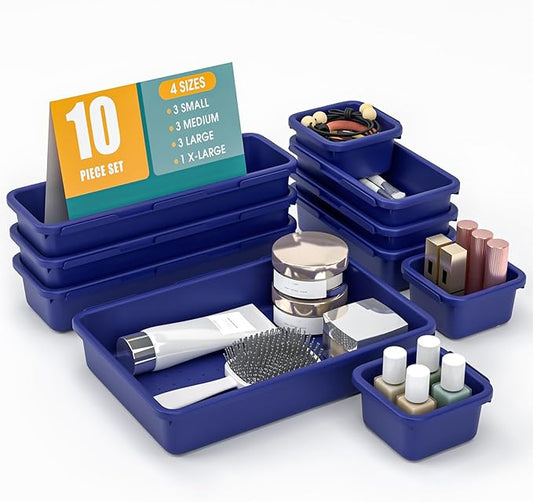 10 PCS Drawer Organizer Set, 4 Size Makeup Drawer Divider Organizer With Non-Slip Pads, Interlocking Plastic Storage Bins for Office,Jewelry Vanity,Gadgets, Bathroom,Kitchen, Navy