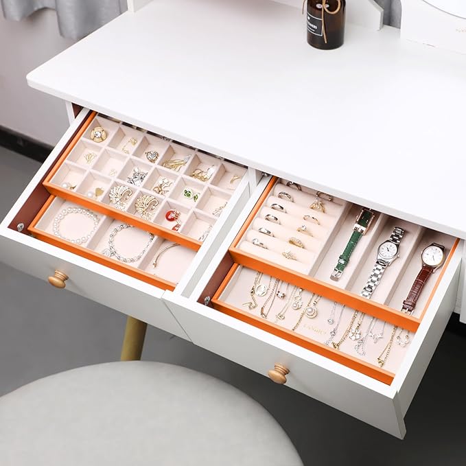 LANDICI Stackable Jewelry Organizer Trays 4 Set,PU Leather Jewelry Organizer Drawer,Jewelry Storage Display Tray for Earring Necklace Rings Bracelet with Removable Dividers,Orange