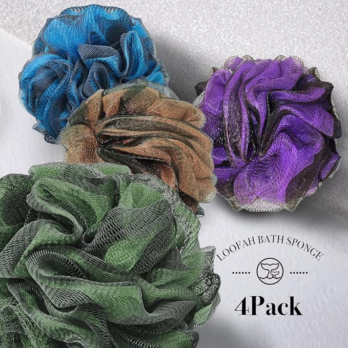 WhaleLife Loofah Bath Sponges - Gentle Exfoliating Shower Loofah for Rich Lather, Durable Matte Mesh Body Scrubber for Men & Women 4 Pack
