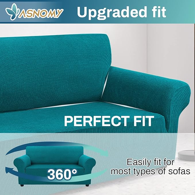 Asnomy Sofa Covers for 2 Cushion Couch Stretch loveseat Covers Slipcovers, Pet Protector Furniture Covers for Dogs Cats Spandex Jacquard Fabric Small Checks （Medium，Peacock Blue）