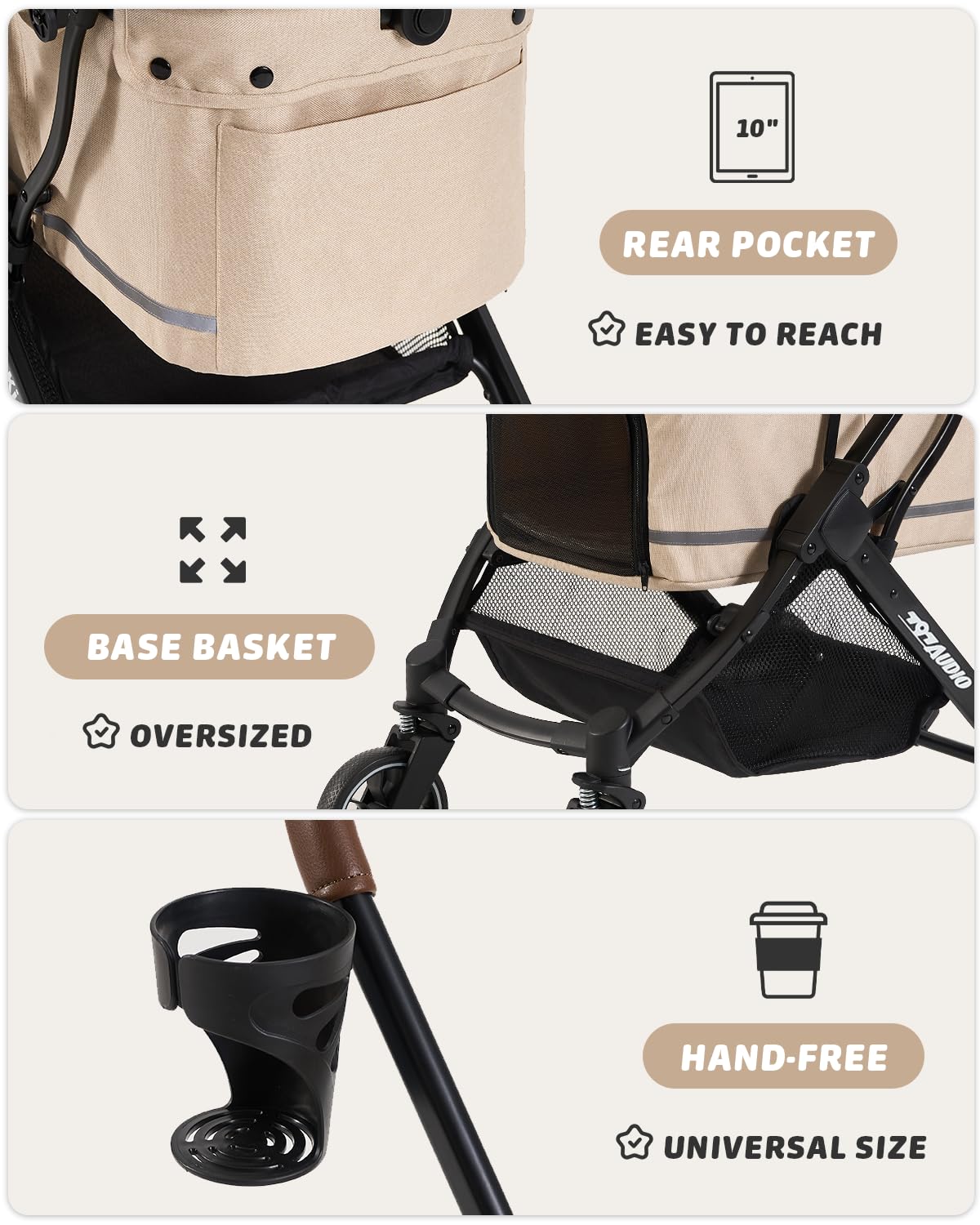 797Audio Dog Stroller for Small Medium Dogs,Pet Stroller for Cats Puppy Up to 121lbs,Foldable,One Click Folding,4 Wheel Shock Absorption,Adjustable Canopy with Sun Shades,Removable Washable Pad(Cream)