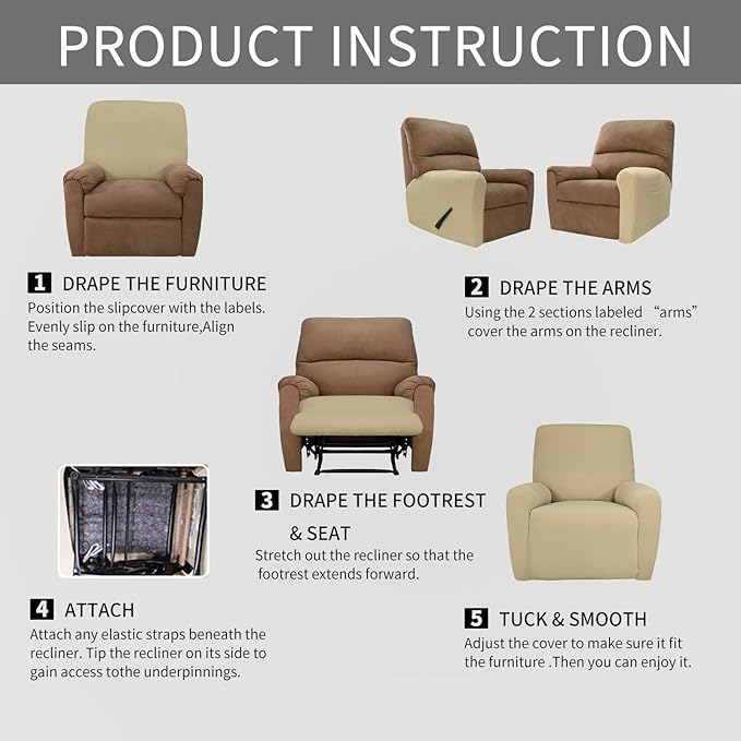 Easy-Going 4 Pieces Oversized Recliner Stretch Sofa Slipcover Sofa Cover Furniture Protector Couch Soft with Elastic Bottom Polyester Spandex Jacquard Fabric Small Checks Beige X-Large