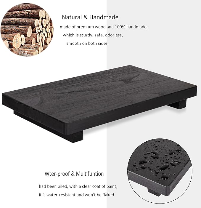 zoocatia Small Wood Tray Pedestal Stand Farmhouse Bathroom Decor Decorative Wooden Riser Kitchen Soap Dish Holder for Vanity, Counter, Sink, Large 11.8" x 7" - Black