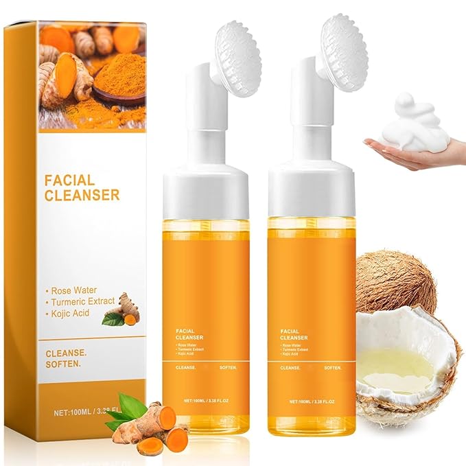 Axnzp 2 Pcs Turmeric Foaming Face Wash, Deep Cleansing Exfoliating Glow Wash Turmeric Brightening Facial Cleanser with Brush for All Skin.