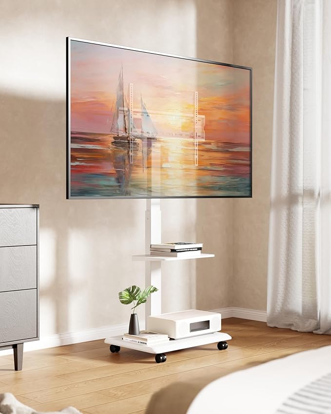 ECOTINY Steel Base Rolling TV Stand for 32-75 inch TVs up to 110 lbs, Leveling & Tilt & Swivel Mobile TV Stand with Hidden Wire Management, Height Adjustable Portable Tv Stand with Steel Shelf, White