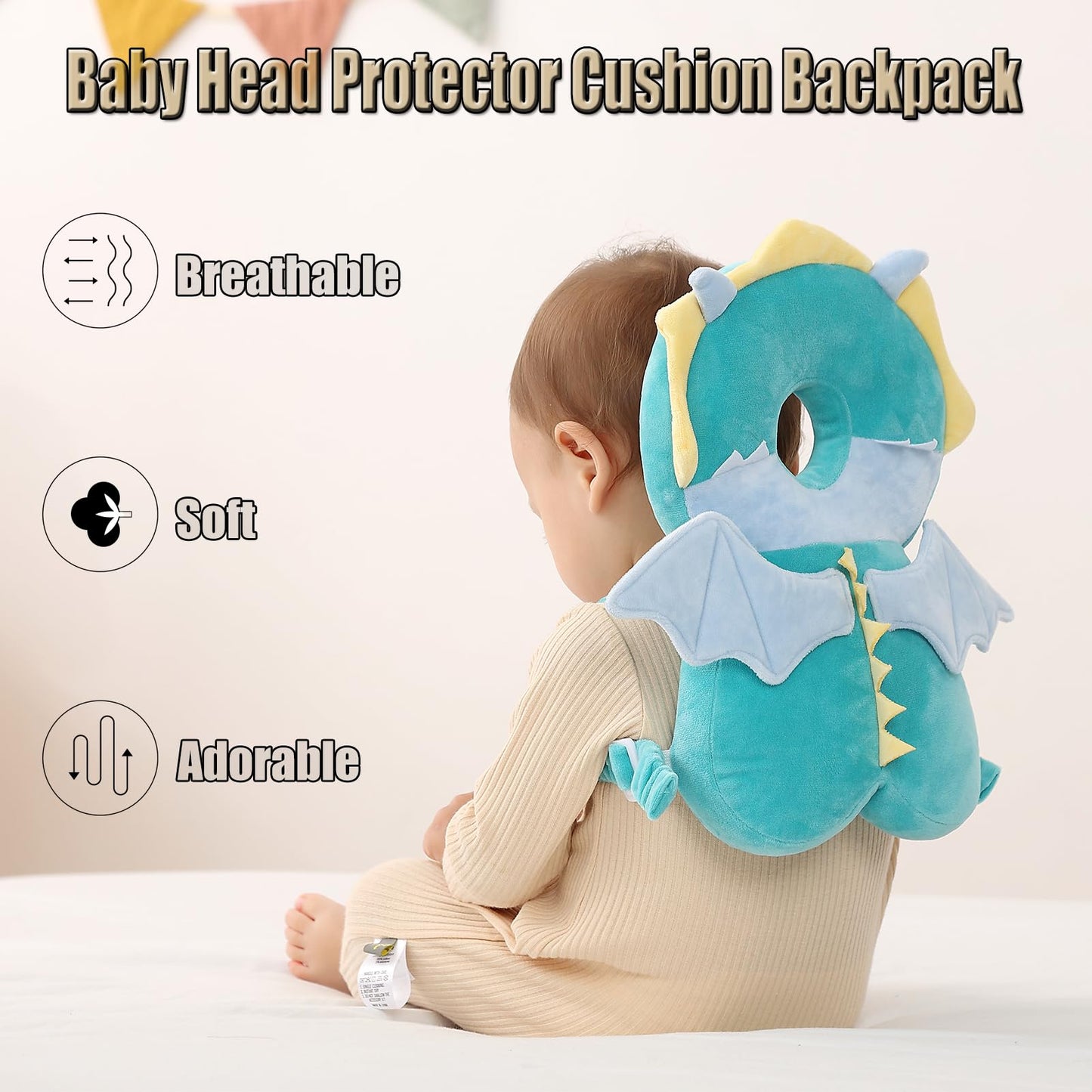 Feidoog Baby Head Protector Cushion Backpack with 3 Knee Pads for Walking & Crawling,Dragon
