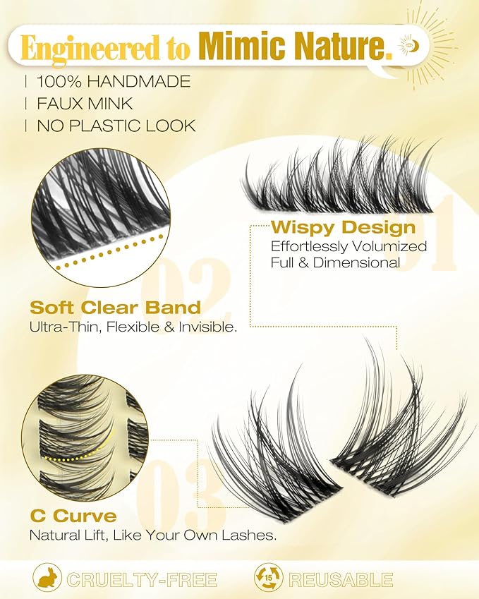 Short Lash Clusters Kit 8-12MM Natural Eyelash Clusters Wispy Cluster Lash Extensions Kit Clear Band Cluster Eyelash Extensions with Bond and Seal (C Curve, 132PCS)