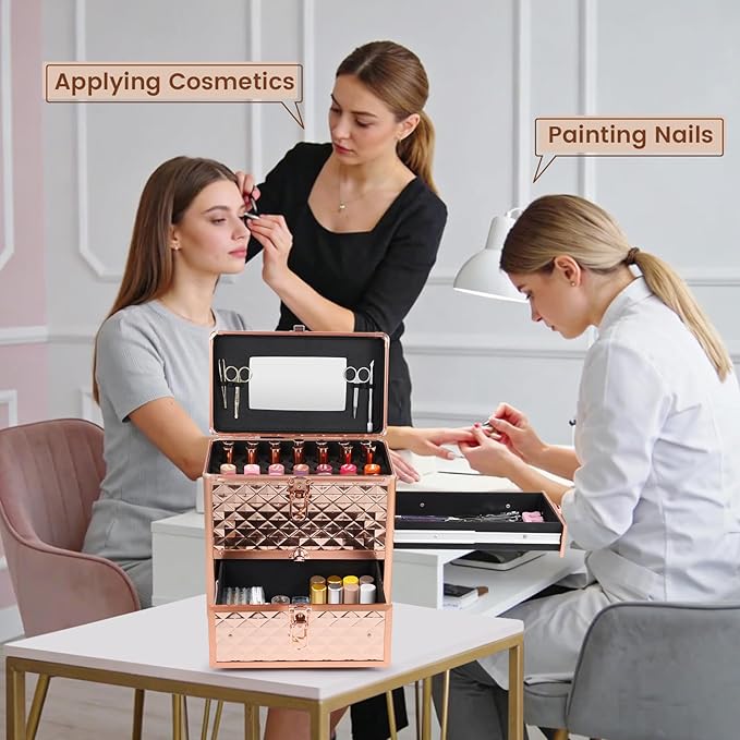 Makeup Train Case Professional Makeup Organizer Case with Drawer Mirror Extra Large Makeup Manicure Accessory with Dividers Travel Cosmetic Case for Cosmetologist Nail Tech Kits Makeup Case Rose Gold