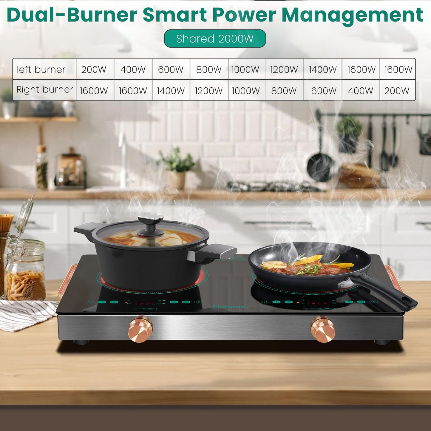 2 Burner Electric Cooktop 24 Inch, 110V 2000W Portable Electrics Stove Top with Handle, 9 Power Settings, Senor Touch & Knob Control, Safety Lock, Timer, 110-120V Plug in (2 Burner Green)