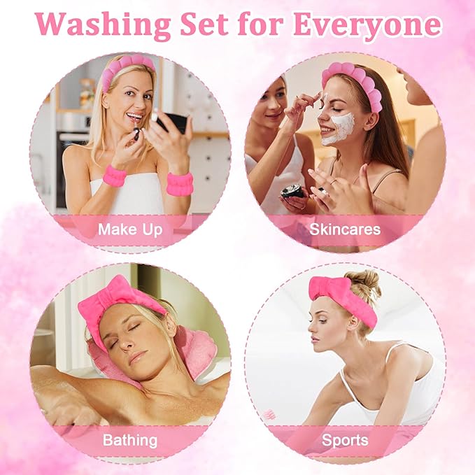 6 Pcs Terry Cloth Headband and Wristbands Set - Sponge Makeup Removal Headbands for Skincare, Shower, and Face Washing