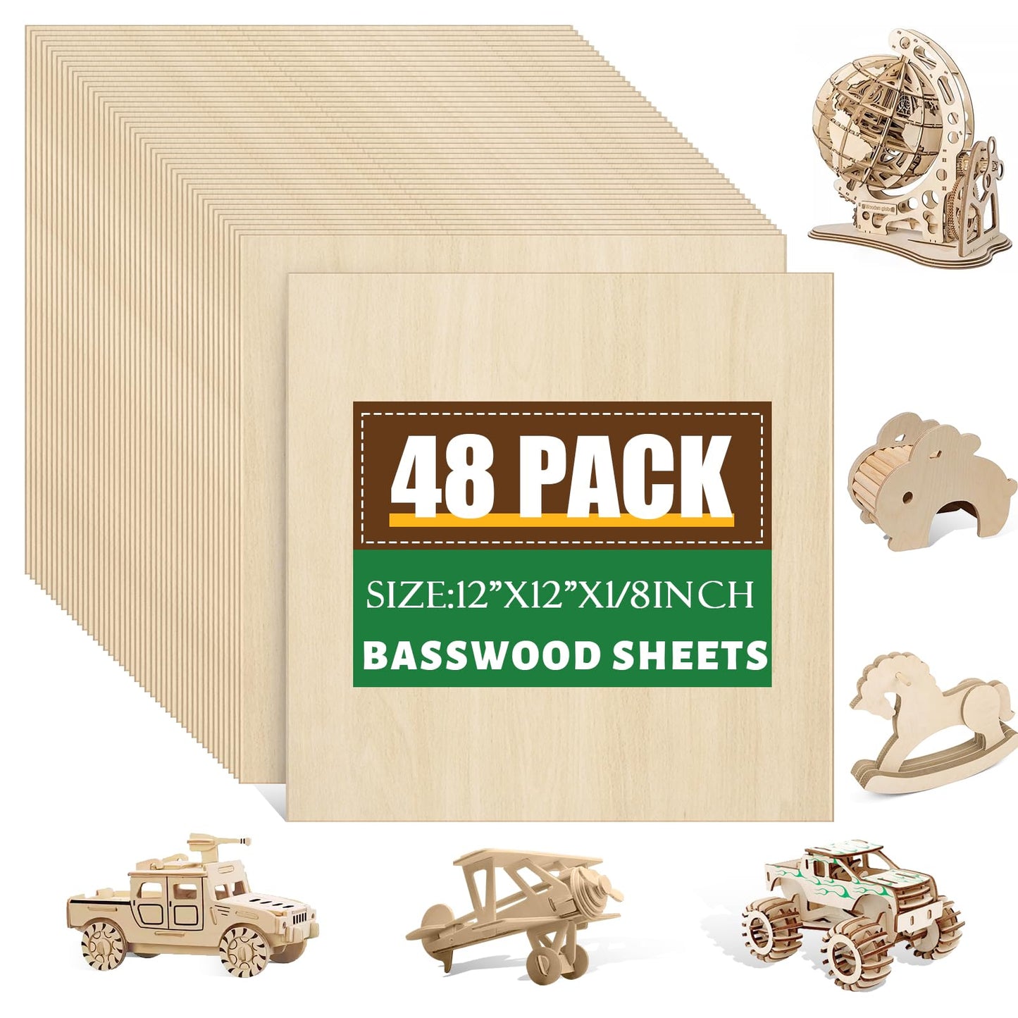 48 Pack Basswood Sheets 1/8x12x12 Inch, Unfinished Wood for Crafts, 3mm Basswood for Laser Cutting & Engraving, Wood Burning, Architectural Models, Plywood Board for Painting.