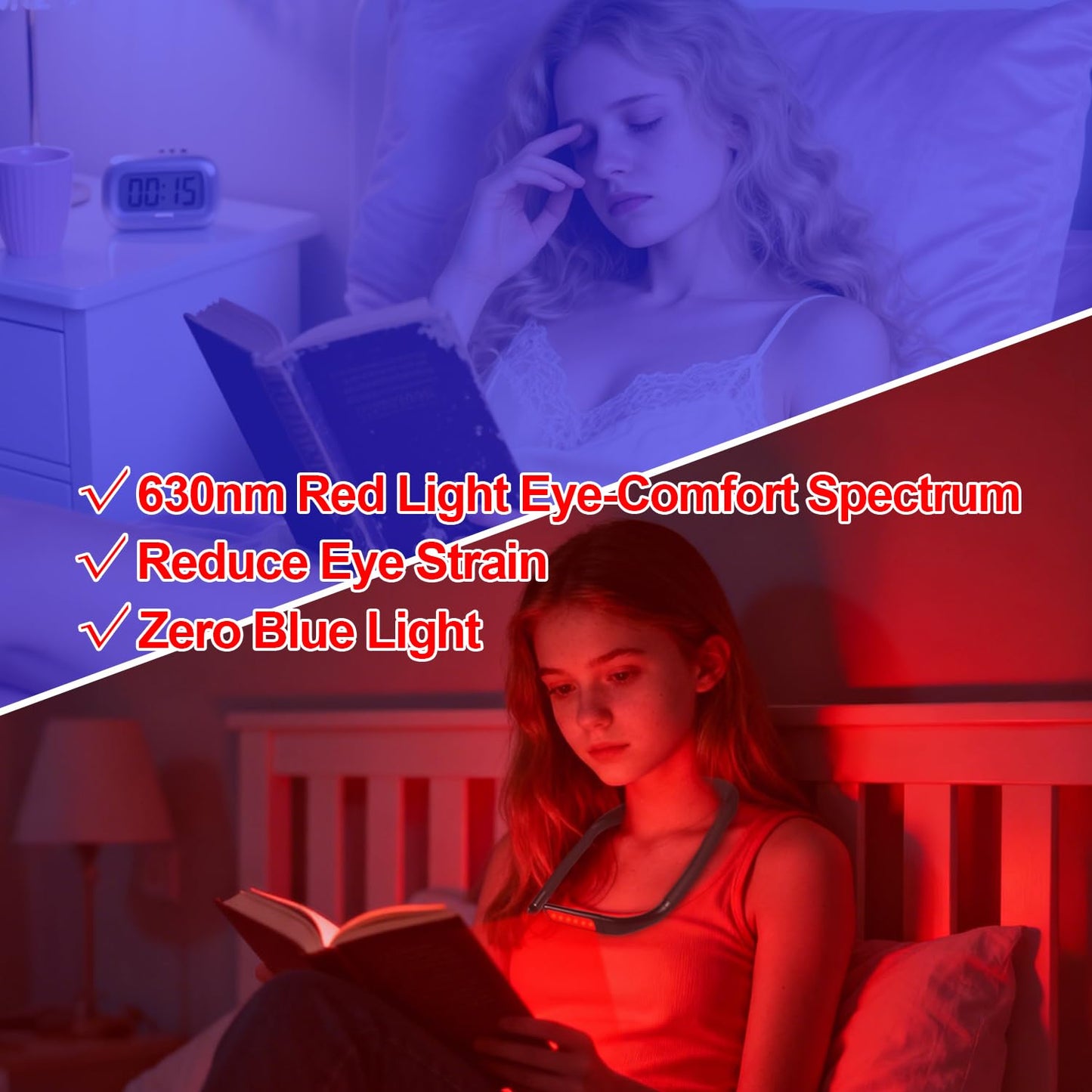 Finezeal 630nm Red Neck Reading Light - Zero Blue Light, Rechargeable Dimmable Portable LED Red Neck Book Lamp for Reading, Crafts, Knitting, Crochet at Night, Ideal Gift for Readers and Craft Lovers