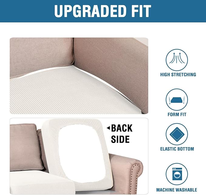 H.VERSAILTEX Super Stretch Individual Seat Cushion Cover Sofa Covers Couch Cushion Covers Slipcover Sets Thick Jacquard Textured Twill Fabric (3 Piece Sofa Cushion Covers, Porcelain White)