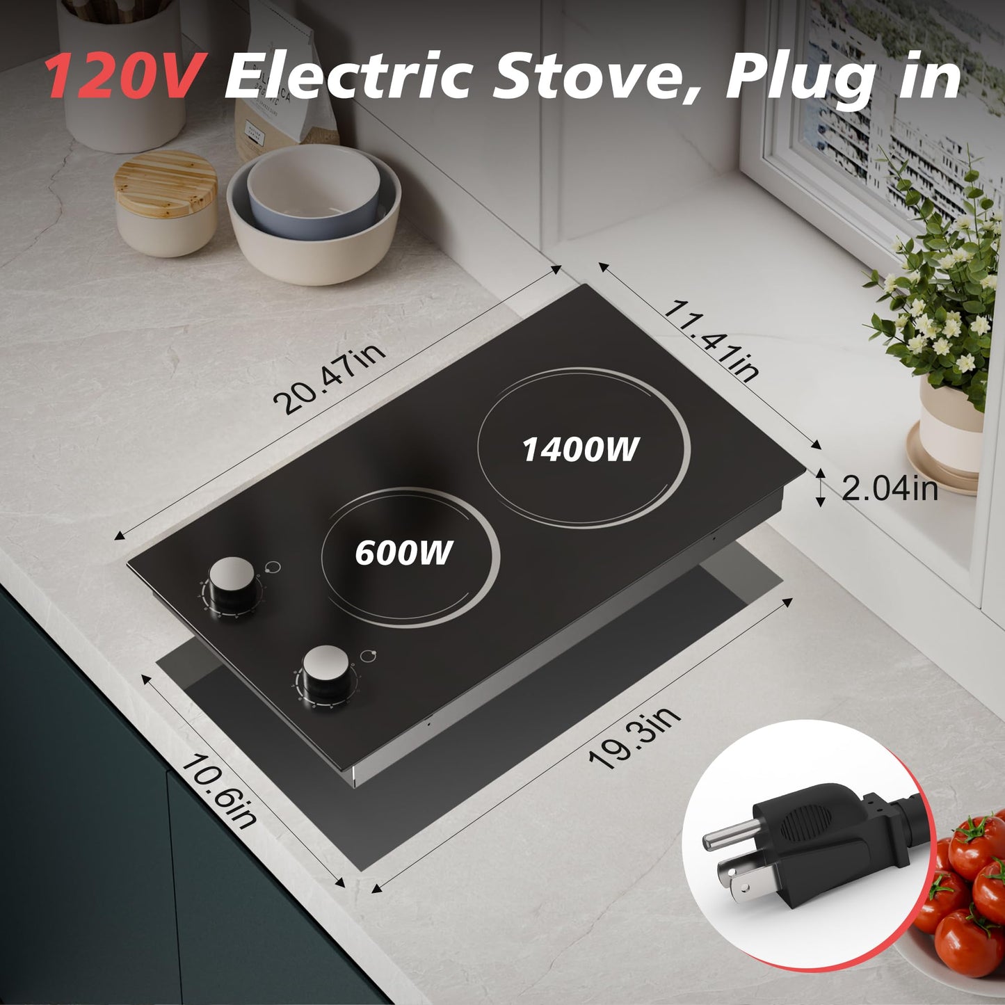 Electric Cooktop 2 Burner, 110V Electric Stove Top 2000W with Knob Control, 12 Inch Electric Radiant Cooktop Countertop & Built-in, Residual Heat Indicator, Over-Heat Protection, Plug in