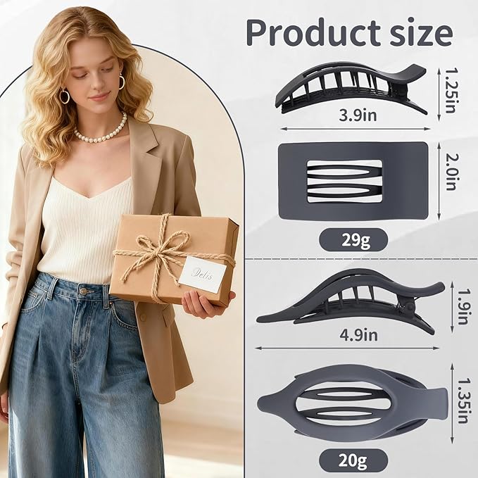 8Pcs French Flat Hair Clips for Women 2 Styles Claw Clips for Girls Matte Flat Hair Claw Clips for Thin and Thick Hair Large Non-slip Strong Hold Hair Accessories for Women (Grey)