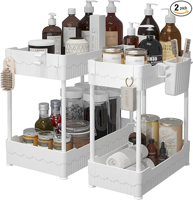 Sevenblue 2 Pack Under Sink Organizer, Under Bathroom Cabinet Organizer with Hooks Hanging Cup, Multi-Purpose Storage Shelf for Kitchen Bathroom (White, 14.8 Inch)