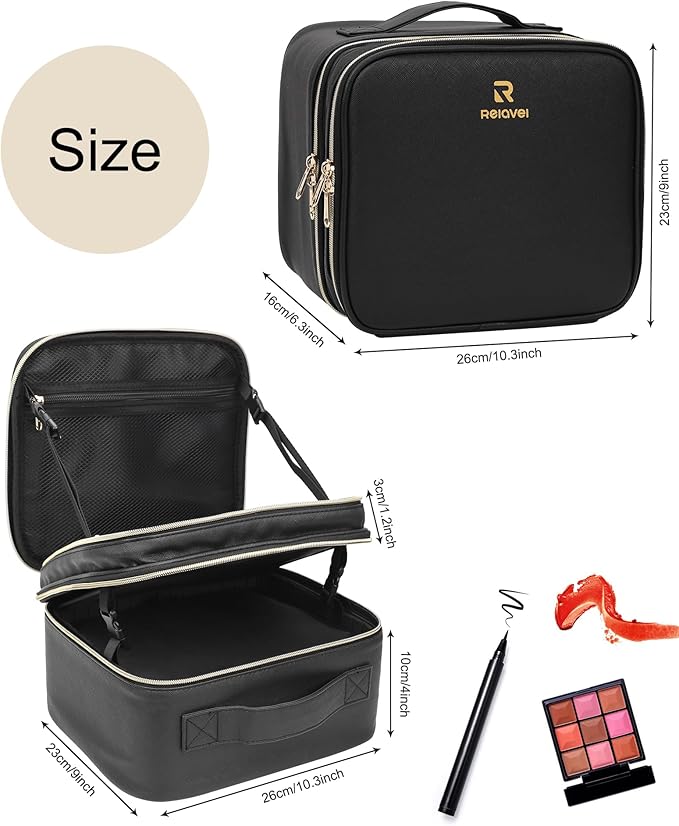 Chomeiu Makeup Bag with LED Mirror, 2 Layer Travel Makeup Case for Women and Makeup Artists Cosmetic Organizer Large Make Up Bags, 3 Color Lights, Adjustable Dividers and Brush Holder