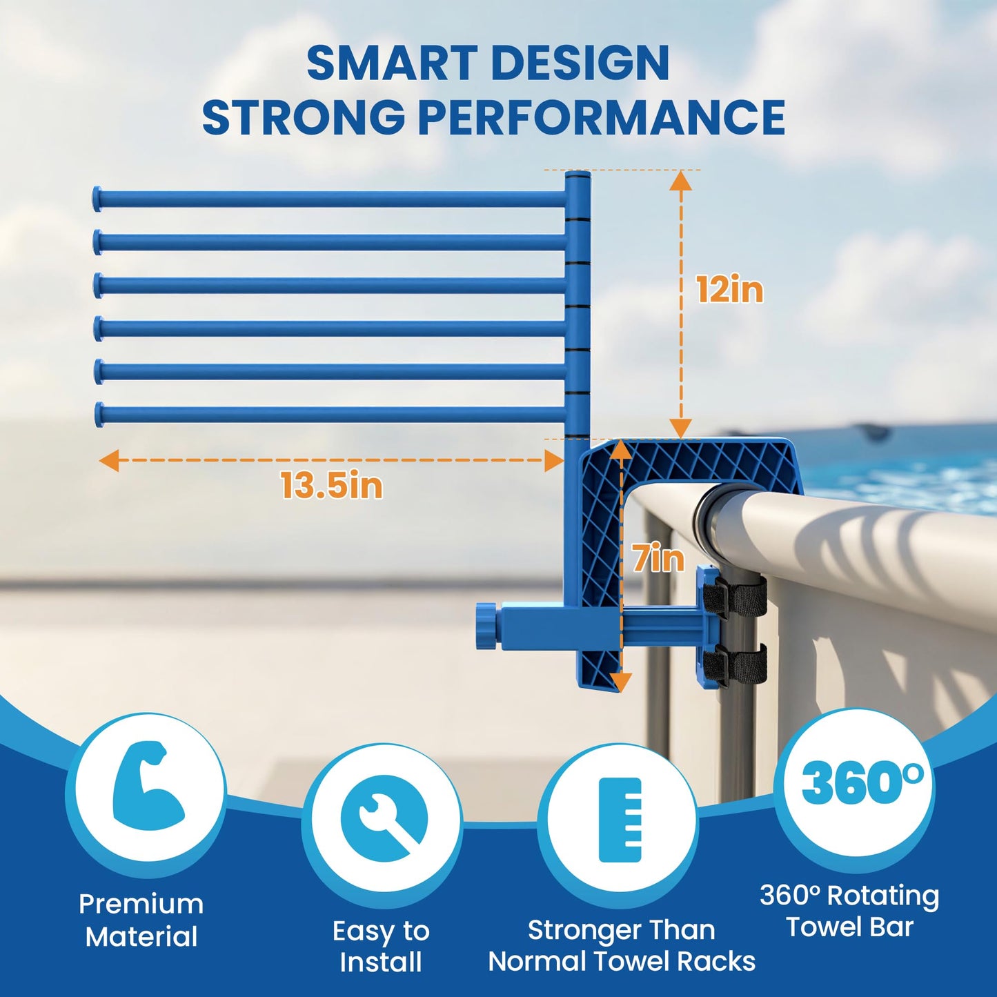 Aquajoyer Poolside Pool Towel Rack Outdoor for Above Ground Round Pools, Stainless Steel Swivel Pool Towel Holder 6 Bars Towel Dying Rack Towel Stand for Above Ground Pool Accessories [Patent Pending]