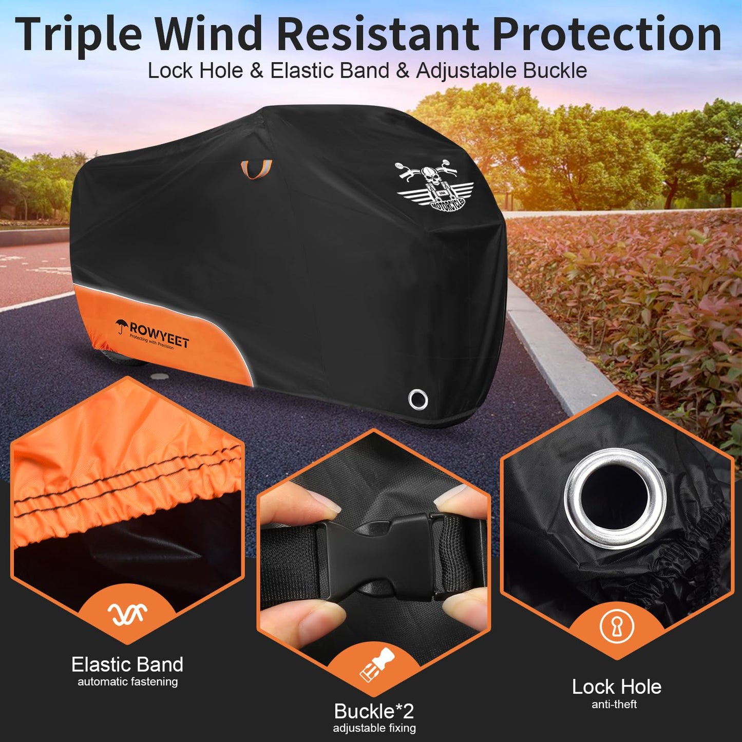 ROWYEET Motorcycle Cover Waterproof Outdoor Storage with Lock-Holes, Zipper Storage Bag & Night Reflective Design, All Season Protection Powersports Vehicle Covers Fits up to 104" Motorcycles