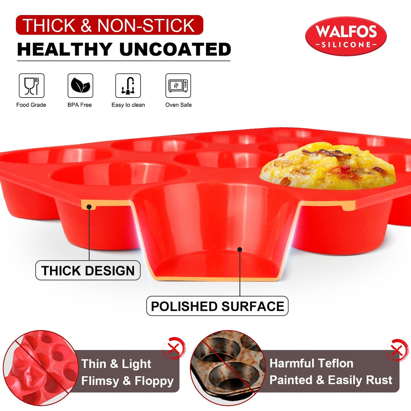 Walfos Muffin Pan Set - 12 Cups Regular Silicone Cupcake Pan, Non-stick and BPA Free, Great for Making Muffin Cakes, Tart, Fat Bombs - Dishwasher Safe, 2-Piece